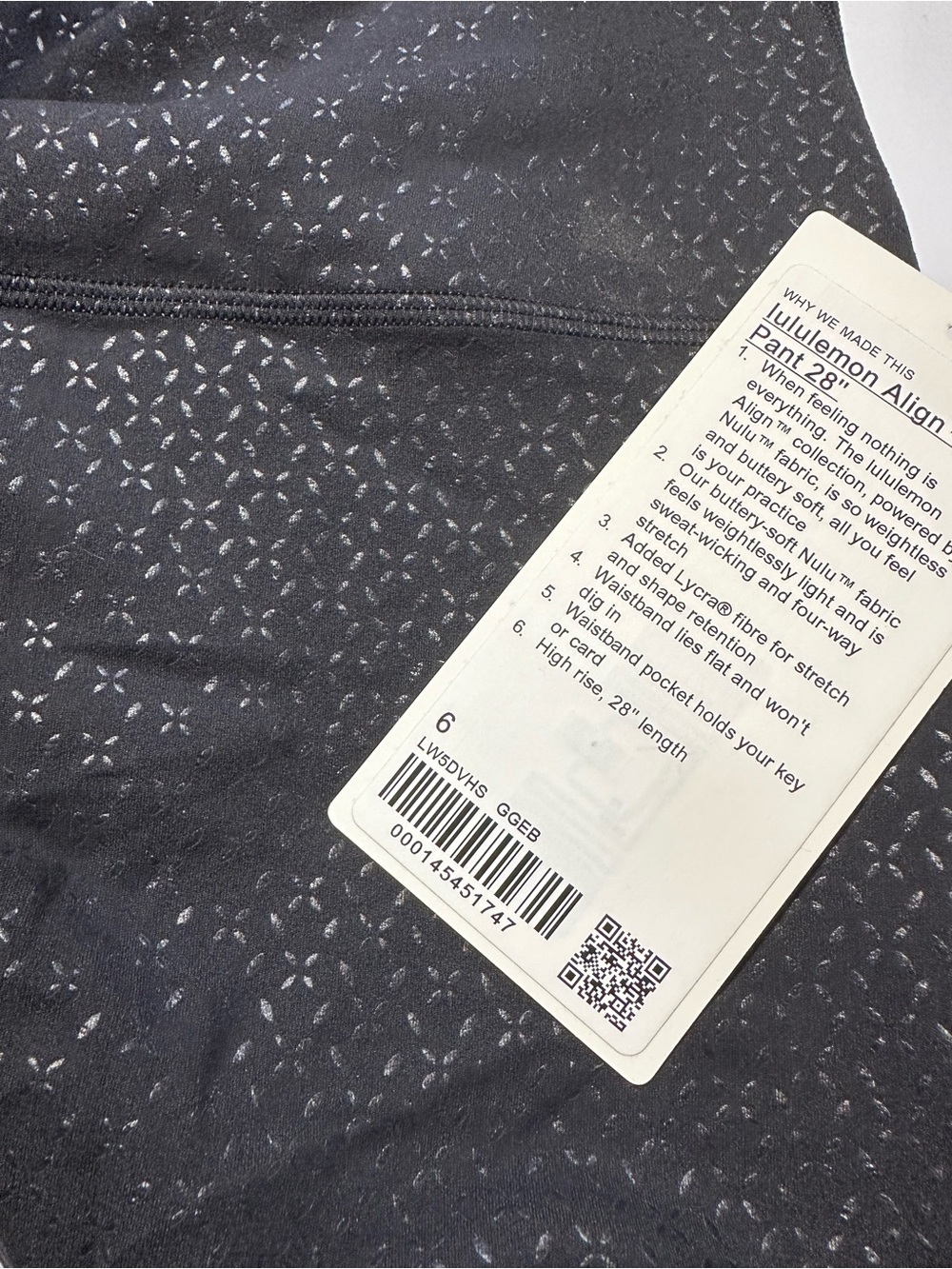Lululemon Align Pants - Black with Silver Micro Print size 6 NWT